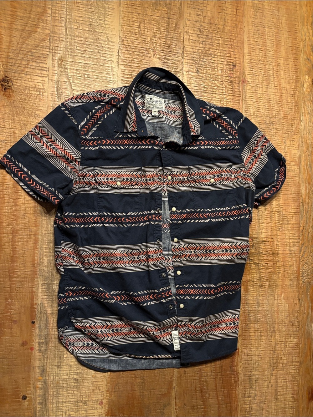 Lucky Casual Navy Short-Sleeve Button-Up Shirt with Geometric Stripe